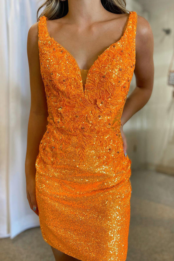 Luolandi Bodycon V Neck Orange Sequins Short Homecoming Dress with Appliques Sexy Party Dress