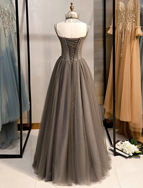 Luolandi A-Line Prom Dresses Open Back Dress Formal Wedding Guest Floor Length Sleeveless Spaghetti Strap Tulle with Pleats Without Neck accessories