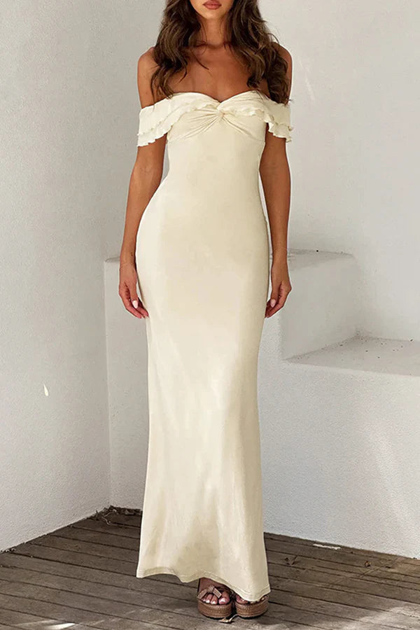 Luolandi Sexy solid color pleated slim edge off shoulder one step dress evening party dress Apricot