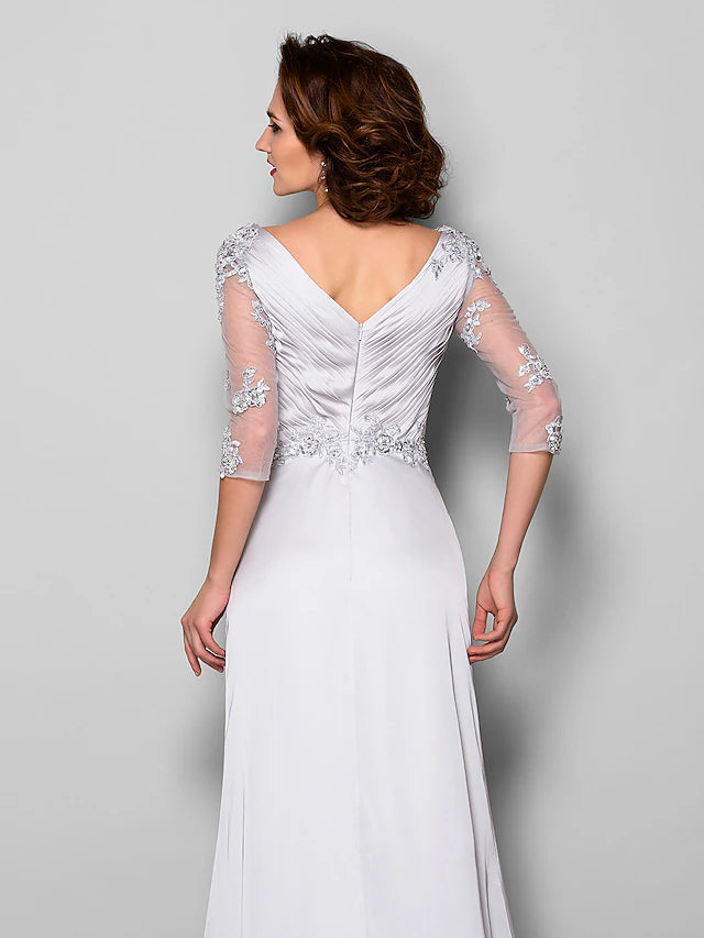 Luolandi A-Line Mother of the Bride Dress V Neck Sweep / Brush Train Satin Chiffon 3/4 Length Sleeve with Criss Cross Beading