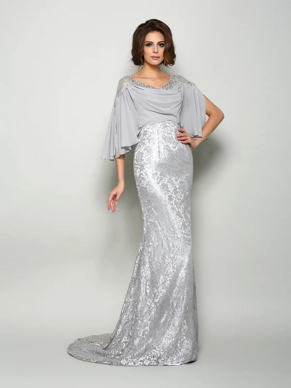 Luolandi Trumpet/Mermaid Scoop Lace 1/2 Sleeves Long Chiffon Mother of the Bride Dresses Sparkly