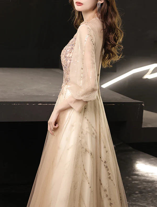 Luolandi A-Line Prom Dresses Glittering Dress Wedding Guest Prom Floor Length Long Sleeve High Neck Tulle with Beading Appliques Champagne