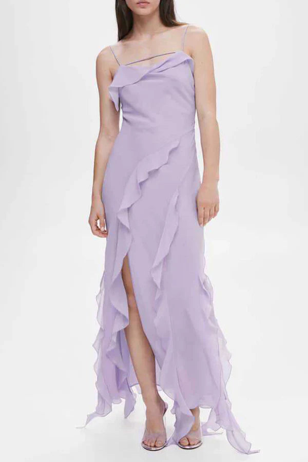 Luolandi Sweet solid color with ruffled edges and asymmetrical V-neck strap for evening dressing Light Purple