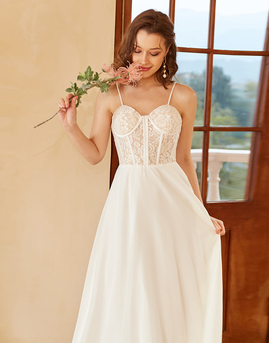 Luolandi A Line Spaghetti Straps Wedding Dress with Appliques Floor Length Beautiful