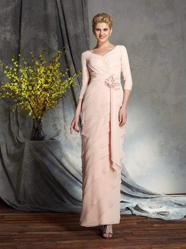 Luolandi Sheath/Column V-neck Hand-Made Flower 3/4 Sleeves Long Chiffon Mother of the Bride Dresses Floor Length