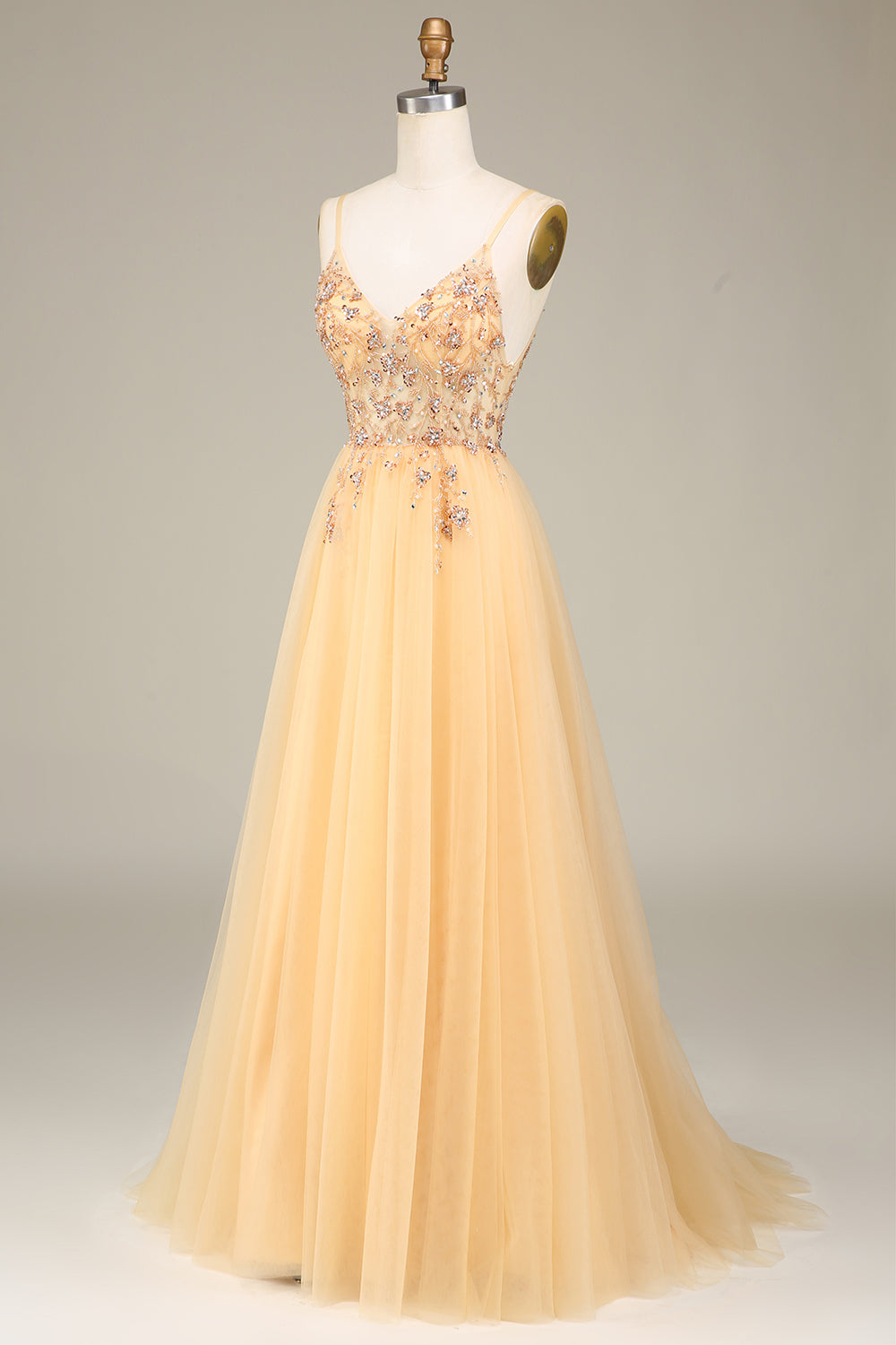 Luolandi Charming Golden A Line Spaghetti Straps Long Prom Dress With Beading And Slit