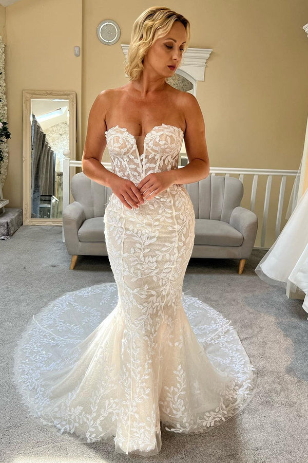 Luolandi Ivory Lace Strapless Mermaid Long Wedding Dress Off Shoulder Beautiful