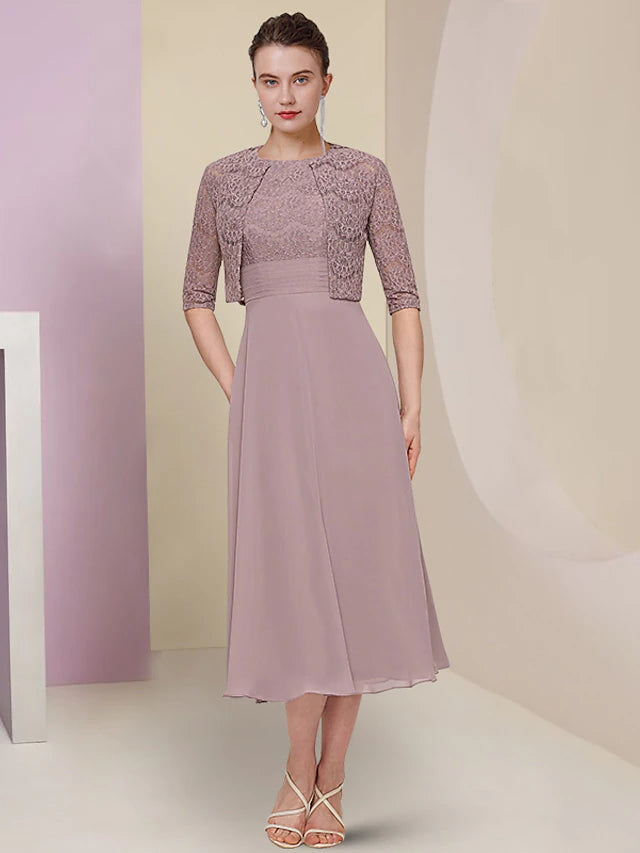 Luolandi Two Piece Mother of the Bride Dress Wedding Guest Church Elegant Jewel Neck Tea Length Chiffon Lace Half Sleeve