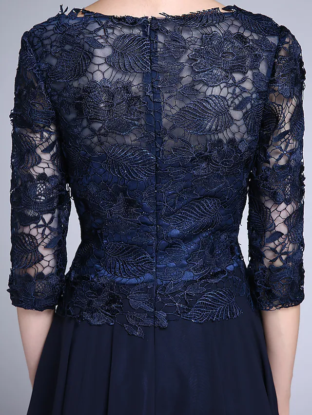 Luolandi Mother of the Bride Dress Elegant V Neck Knee Length Chiffon Sheer Lace Half Sleeve with Lace Dark Navy