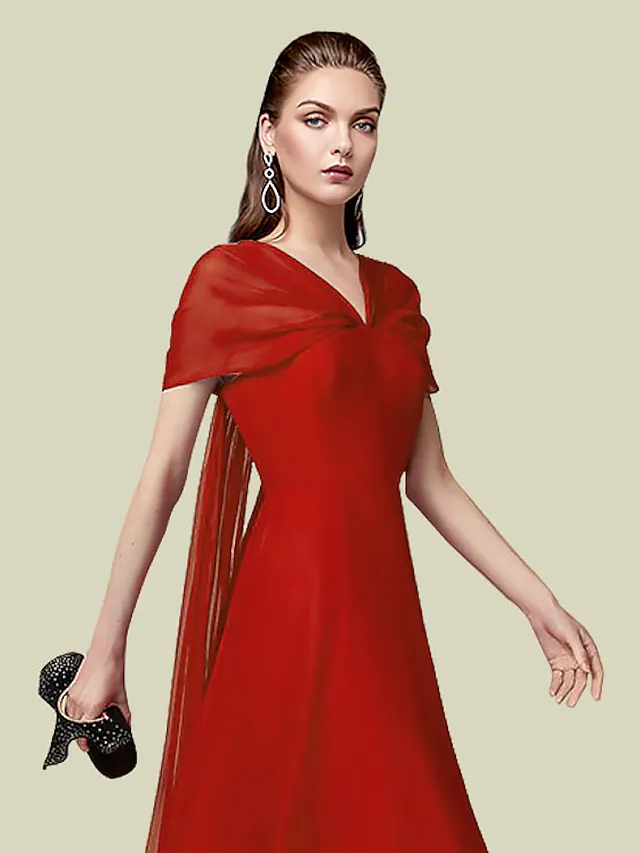 Luolandi A-Line Mother of the Bride Dress Elegant V Neck Floor Length Chiffon Short Sleeve with Pleats Ruby