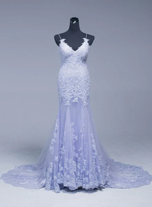 Luolandi Beautiful Lavener Tulle with Lace Sheath Spaghetti Straps Evening Dresses Long Prom Dresses Elegant