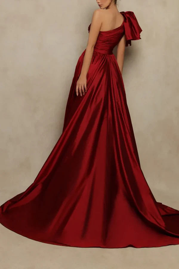 Luolandi Sheath/pillar single shoulder satin pleated side slit wine red formal evening dress With Slit
