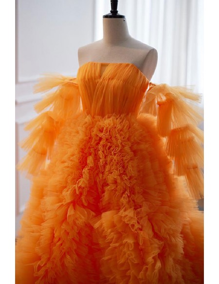 Luolandi Orange Ruffled High Low Puffy Prom Dress Ball Gown Off Shoulder With Slit