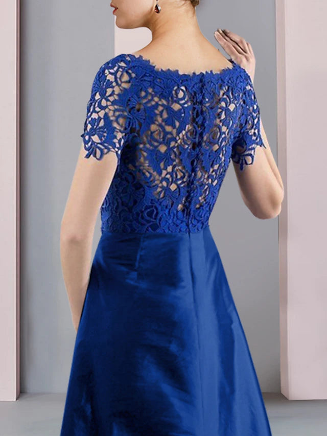 Luolandi Two Piece Sheath / Column Mother of the Bride Dress Formal Church Elegant detachable Scoop Neck Knee Length Lace Taffeta Short Sleeve with Bow(s)