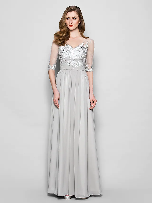 Luolandi A-Line Mother of the Bride Dress V Neck Floor Length Chiffon Tulle Half Sleeve with Ruched Beading Silver