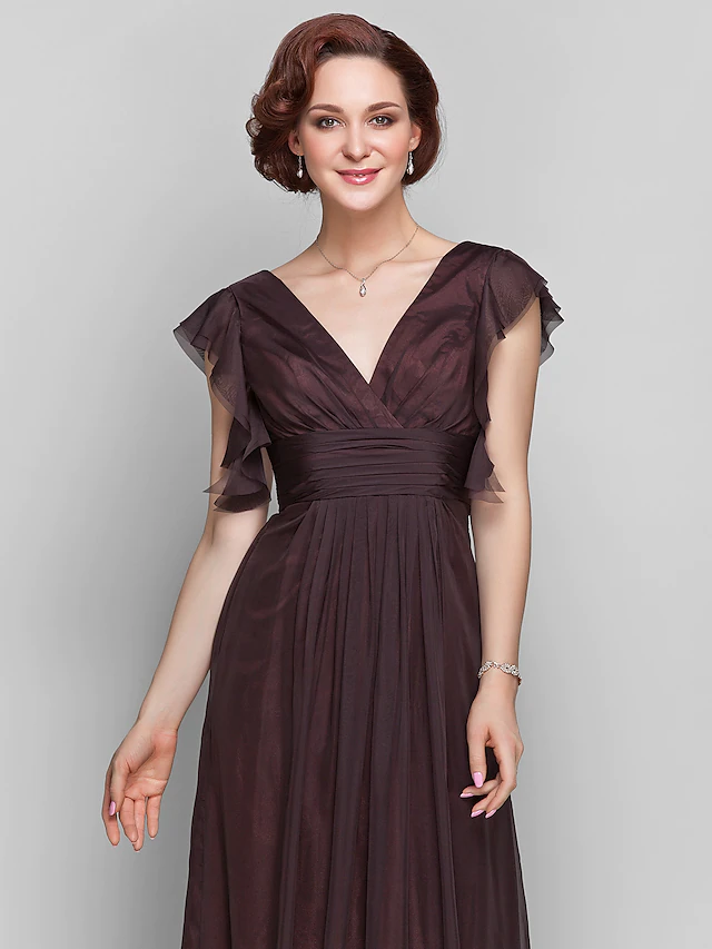 Luolandi Mother of the Bride Dress Beautiful Back V Neck Floor Length Chiffon Short Sleeve with Criss Cross Ruched Draping Pure Color