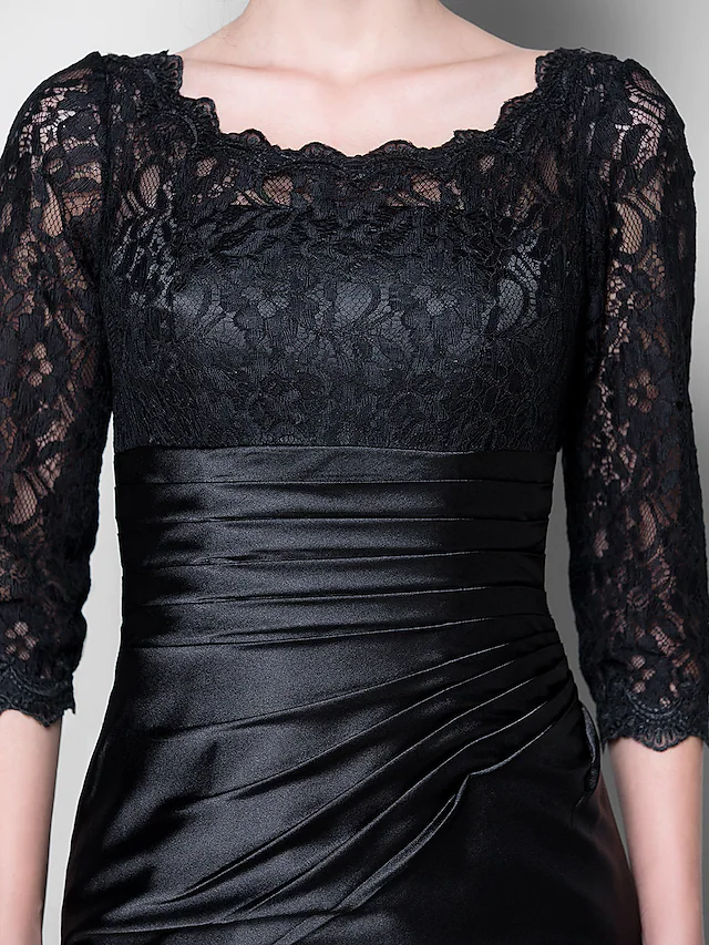 Luolandi Mother of the Bride Dress See Through Jewel Neck Floor Length Satin Lace Over Satin Length Sleeve with Lace