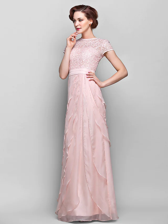 Luolandi Mother of the Bride Dress Jewel Neck Floor Length Chiffon Lace Short Sleeve with Lace Ruffles Candy Pink