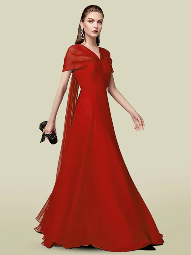 Luolandi A-Line Mother of the Bride Dress Elegant V Neck Floor Length Chiffon Short Sleeve with Pleats Ruby