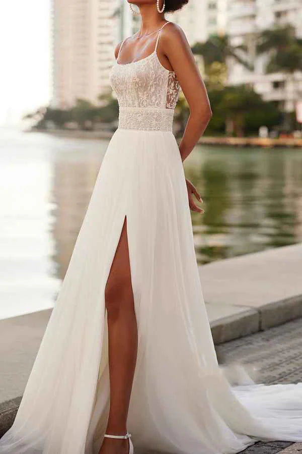 Luolandi Thin shoulder strap lace sticker side slit thin gauze beach wedding dress Open Back