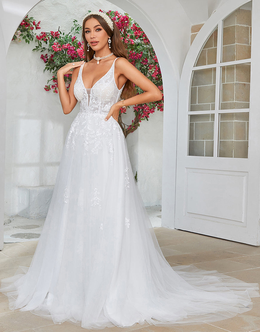 Luolandi Elegant V-Neck Sweep Train Wedding Dress with Lace Floor Length Sexy Bridal Gown