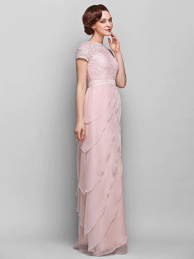 Luolandi Mother of the Bride Dress Jewel Neck Floor Length Chiffon Lace Short Sleeve with Lace Ruffles Candy Pink