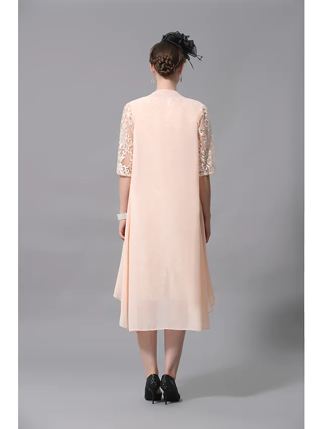 Luolandi Two Piece A-Line Mother of the Bride Dress Wrap Included Jewel Neck Knee Length Lace Half Sleeve