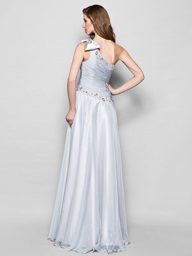 Luolandi A-Line Mother of the Bride Dress Elegant One Shoulder Floor Length Chiffon Sleeveless with Bow(s) Beading