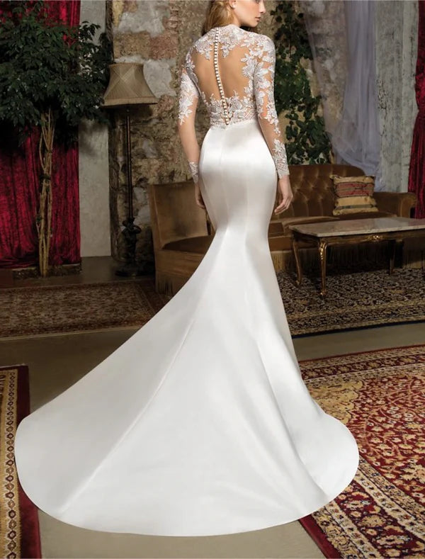 Luolandi Formal Wedding Dresses Two Piece V Neck Long Sleeve Floor Length Lace OverSkirts Bridal Gowns with Appliques Elegant