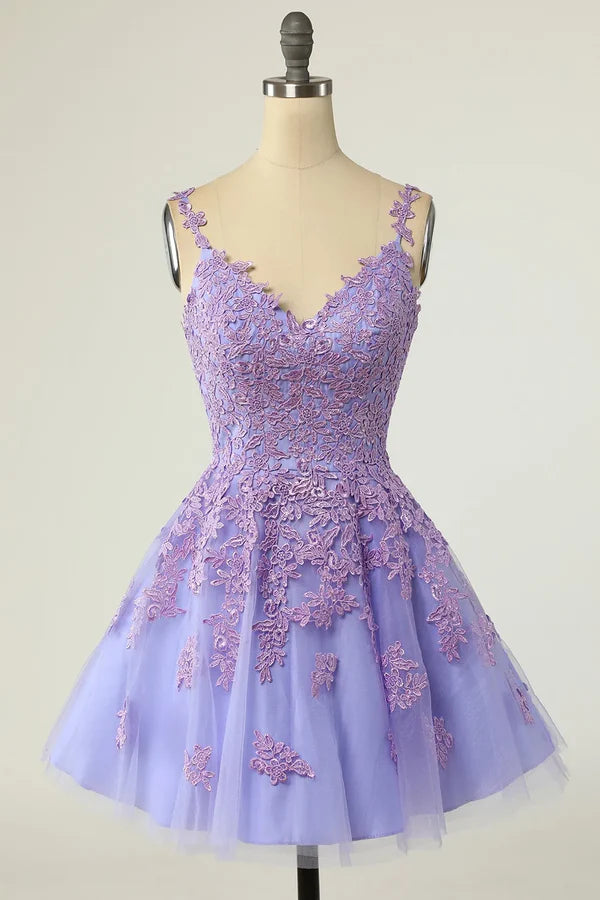 Luolandi Sweetheart A Line Tulle V-Neck Straps Purple Short Homecoming Dress with Appliques