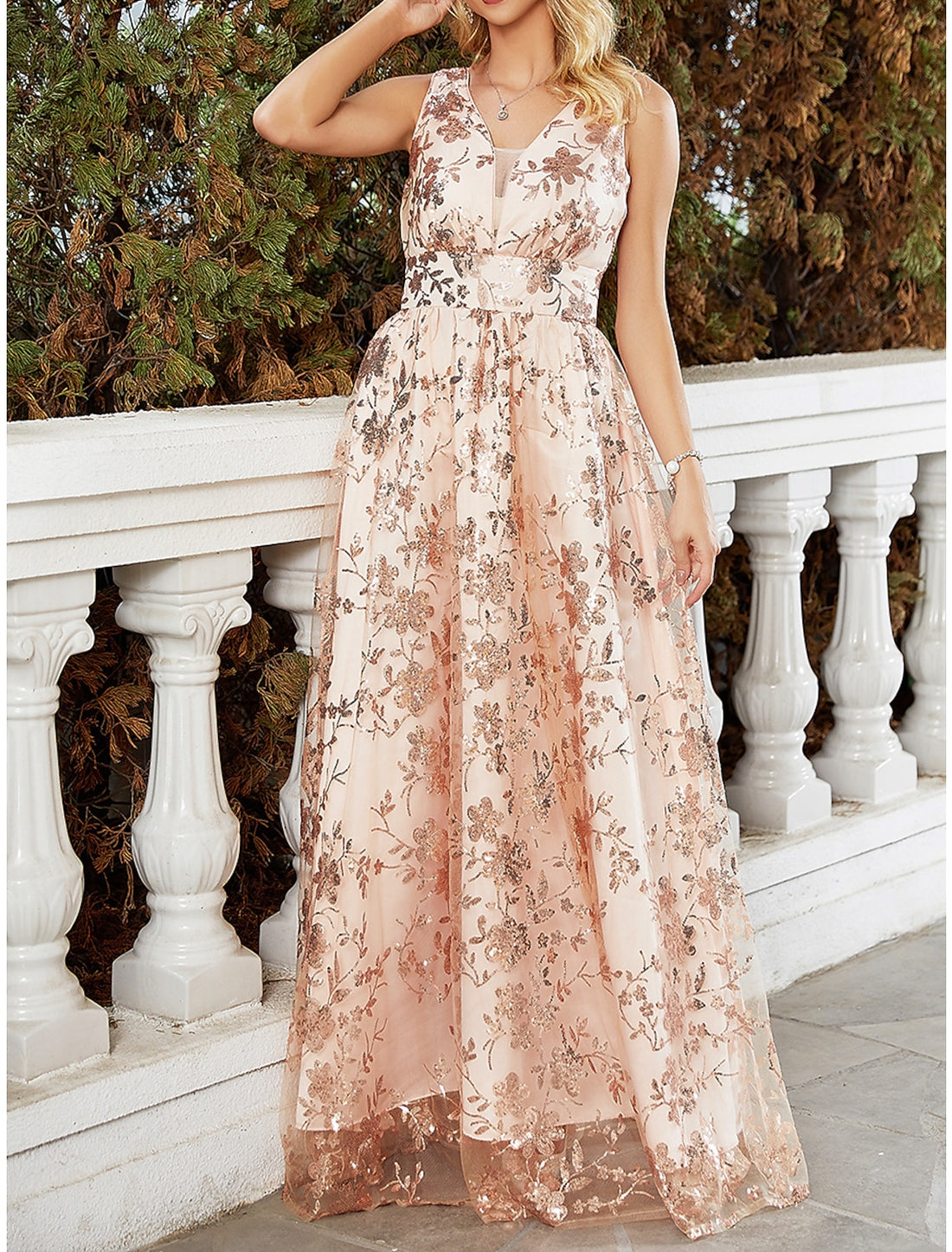 Luolandi Party Dress Sequin Dress Wedding Guest Dress Long Dress Maxi Dress Light Yellow Sleeveless Floral Sequins Spring Fall Winter V Neck Fashion Winter Dress