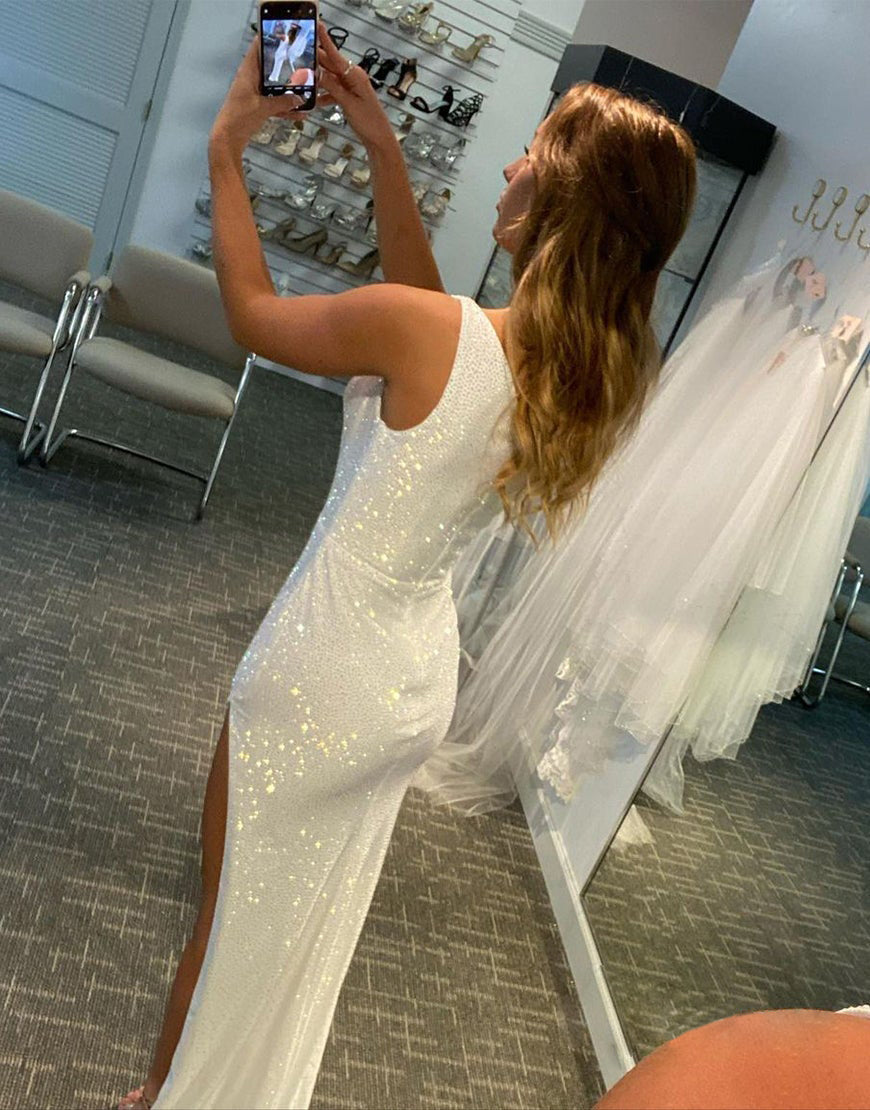 Luolandi One-Shoulder Simple Pearl Evening Dress With Slit Sparkly Sexy