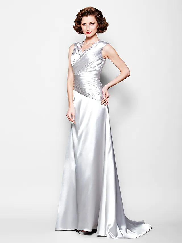 Luolandi A-Line Mother of the Bride Dress V Neck Satin Sleeveless with Criss Cross Beading