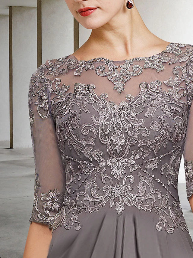 Luolandi A-Line Mother of the Bride Dress Plus Size Elegant Jewel Neck Floor Length Chiffon Lace Half Sleeve with Pleats Beading
