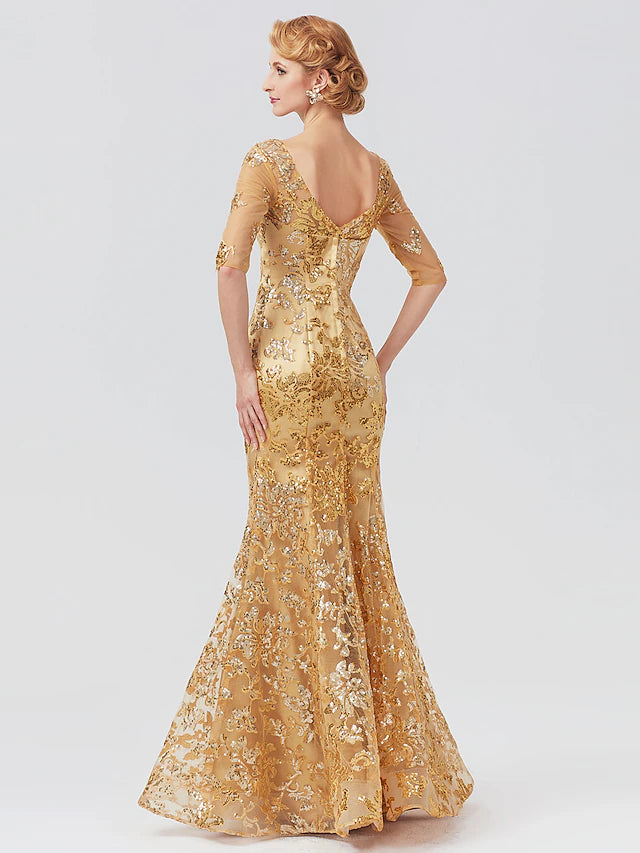 Luolandi Mermaid / Trumpet Mother of the Bride Dress Elegant Sparkle & Shine V Neck Floor Length Tulle Sequined Half Sleeve