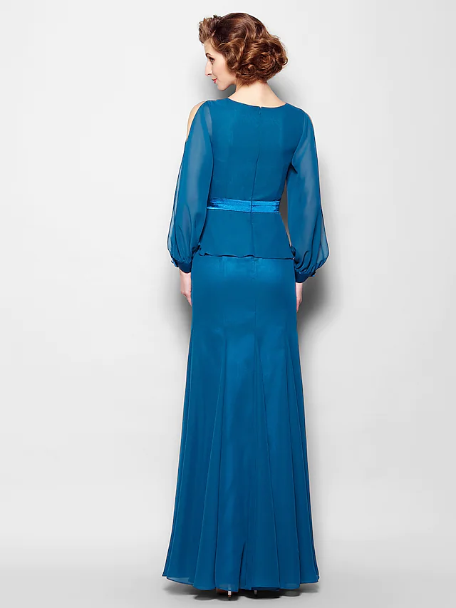 Luolandi Mother of the Bride Dress Vintage Inspired Jewel Neck Floor Length Chiffon Long Sleeve with Flower