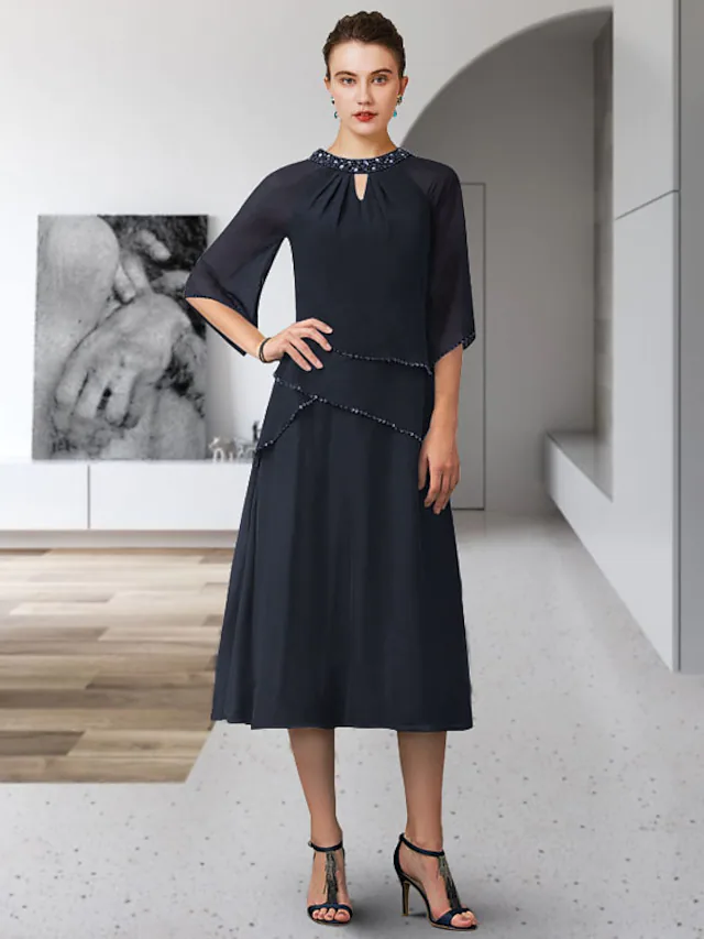 Luolandi A-Line Mother of the Bride Dress Elegant Jewel Neck Tea Length Chiffon Length Sleeve with Sequin