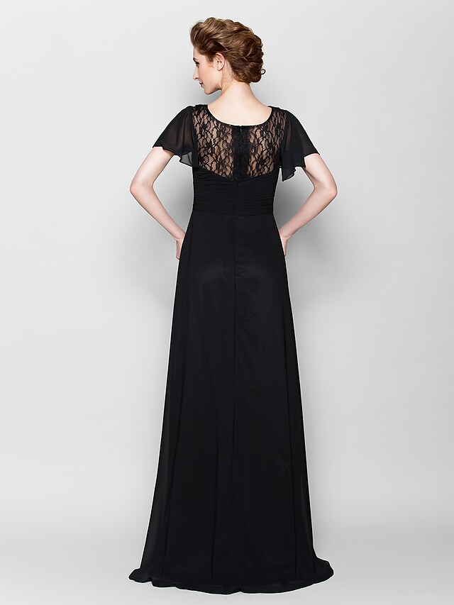 Luolandi A-Line Mother of the Bride Dress See Through Bateau Neck Floor Length Chiffon Short Sleeve with Beading Black
