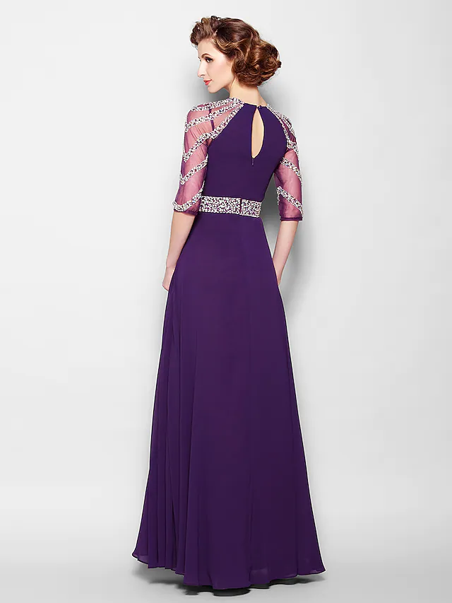 Luolandi A-Line Mother of the Bride Dress See Through Jewel Neck Floor Length Tulle Georgette Half Sleeve with Sash Ribbon Beading