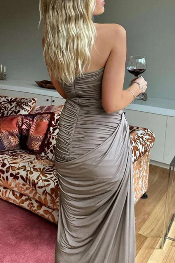 Luolandi Sexy solid color pleated asymmetrical V-neck one-step dress for evening dress Grey