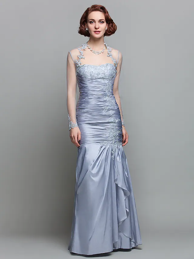 Luolandi Mother of the Bride Dress Wrap Included Strapless Floor Length Lace Taffeta Long Sleeve with Ruched Beading