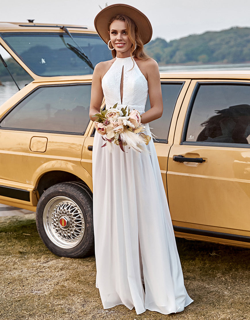 Luolandi Ivory Lace Chiffon Halter Boho Wedding Dress With Slit Sexy