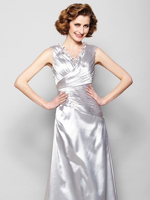 Luolandi A-Line Mother of the Bride Dress V Neck Satin Sleeveless with Criss Cross Beading