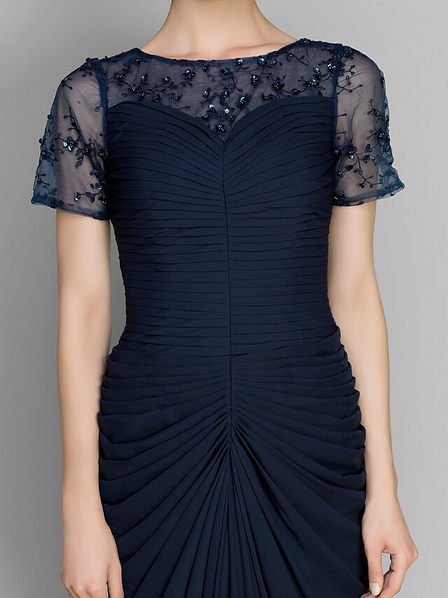 Luolandi Mother of the Bride Dress Elegant Bateau Neck Floor Length Chiffon Short Sleeve with Beading