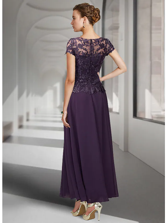 Luolandi A-Line Mother of the Bride Dress Elegant Jewel Neck Ankle Length Chiffon Lace Short Sleeve with Pleats Appliques Grape
