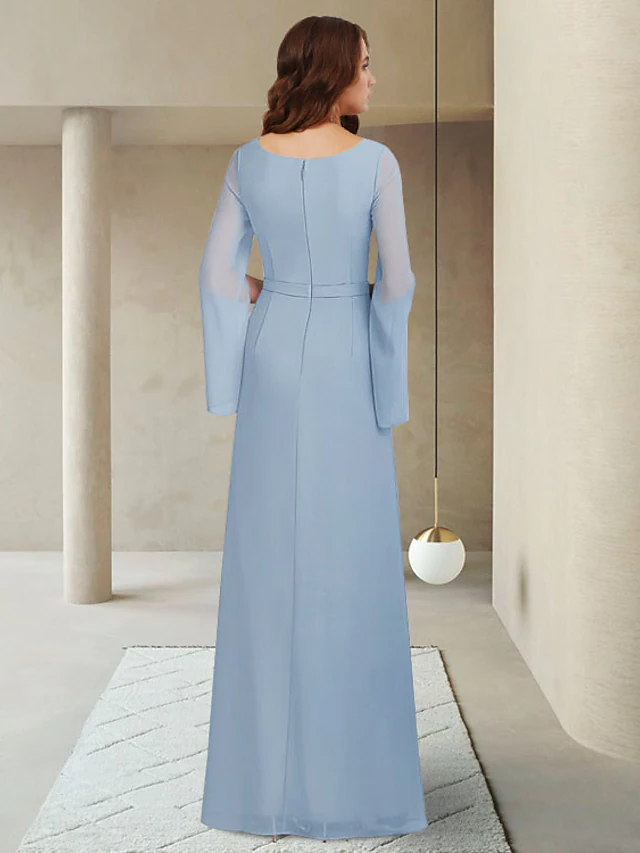 Luolandi Mother of the Bride Dress Elegant V Neck Ankle Length Chiffon Long Sleeve with Crystal Brooch Ruching Beautiful