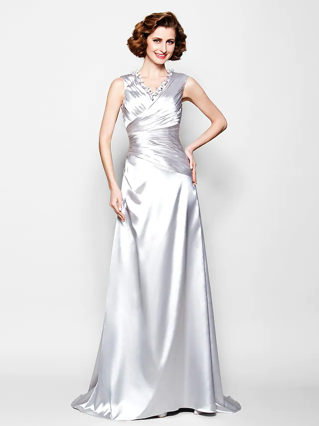 Luolandi A-Line Mother of the Bride Dress V Neck Satin Sleeveless with Criss Cross Beading