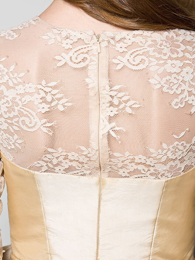 Luolandi Mother of the Bride Dress Vintage Inspired Jewel Neck Knee Length Lace Taffeta 3/4 Length Sleeve with Bow(s) Champagne