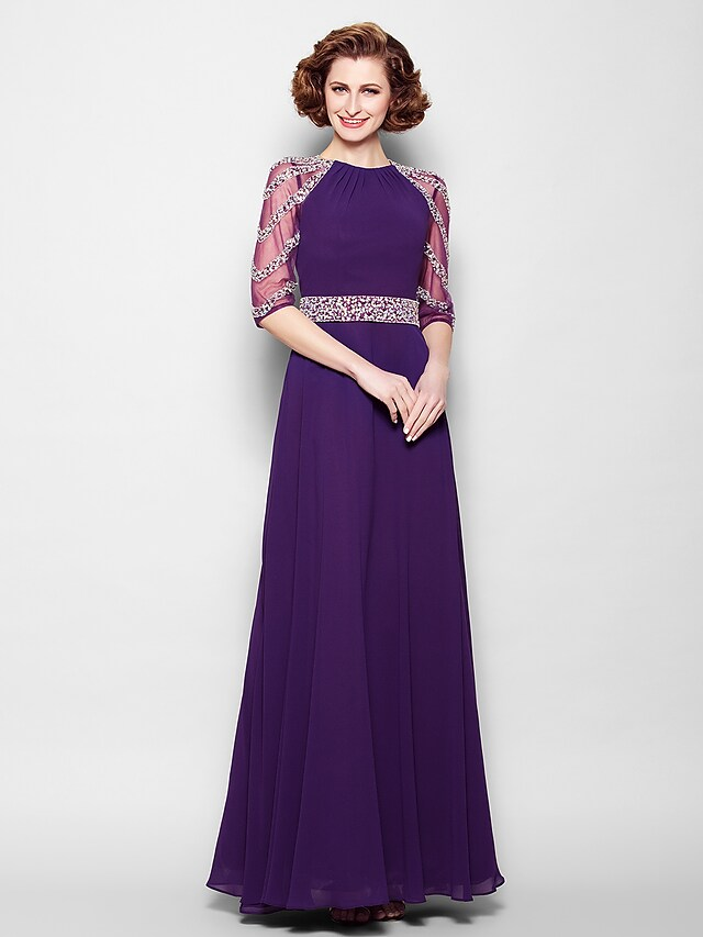 Luolandi A-Line Mother of the Bride Dress See Through Jewel Neck Floor Length Tulle Georgette Half Sleeve with Sash Ribbon Beading