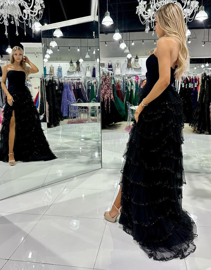 Luolandi Black Tulle Off The Shoulder Ruffle Beaded Long Prom Dress With Slit Sexy Evening Dresses